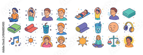 Colorful wellness icons: yoga, relaxation, meditation, hydration
