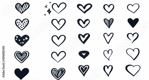 Collection of black and white heart shapes and symbols