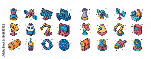 Colorful isometric space icons: satellites, telescopes, robots,