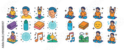 Yoga and meditation routine with relaxation icons