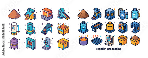 Regolith processing icons: machinery and equipment for space res