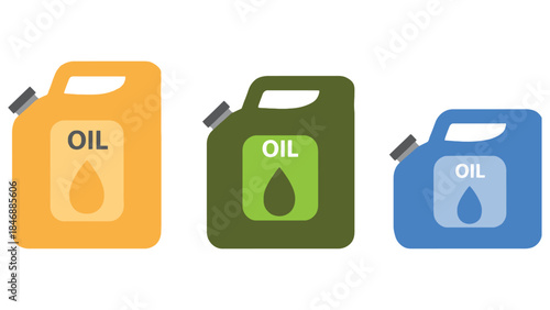 Colorful oil jugs in yellow, green, and blue for industrial or automotive use
