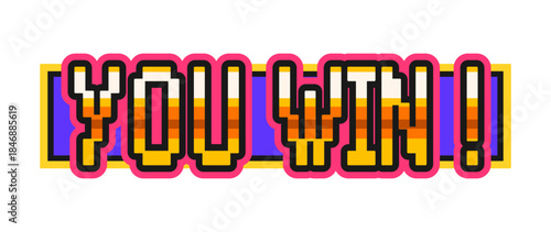 You win casino gamble Y2K groovy sticker or vintage label. Vegas game groovy vector sticker, poker fortune Y2K tag. Gambling jackpot retro label or patch with golden pixelated typography text