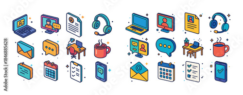 Colorful icons of communication devices and work station element