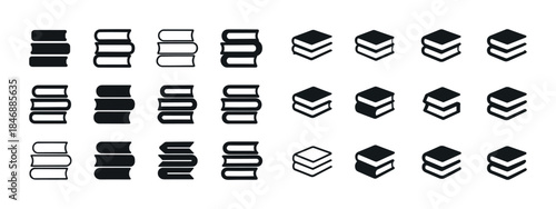 Set of book icons in various styles and arrangements on white ba