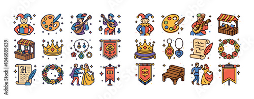 Cartoon medieval festival icons with jester, musicians, decorati