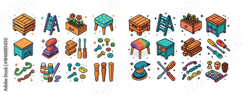 Colorful diy tools and furniture icons with ladders, stools, and