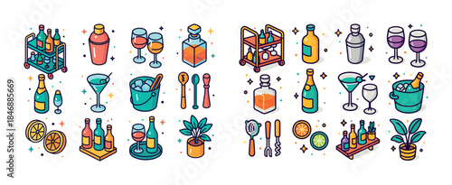 Colorful cocktail set with bar tools and glasses