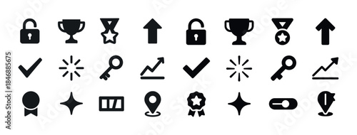 Set of black icons featuring locks trophies arrows and keys in v