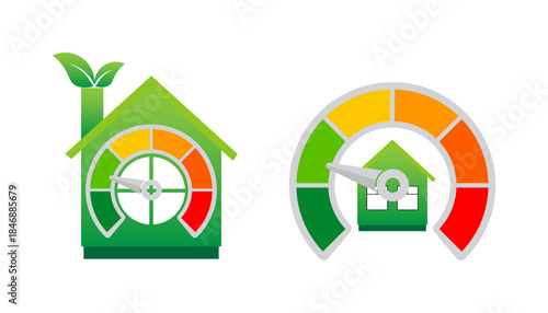 Two green home illustrations with integrated color-coded performance meters indicating excellent energy efficiency.