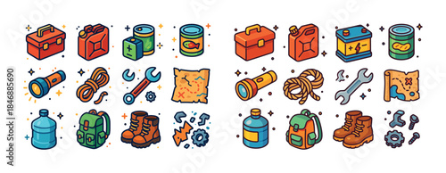 Colorful outdoor adventure icons: tools, maps, equipment, campin