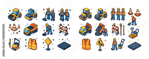 Diverse construction crew and equipment illustrations with safet