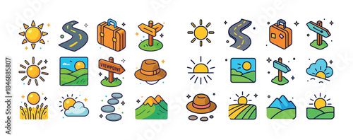 Colorful outdoor summer icons set with sun, nature, and travel s