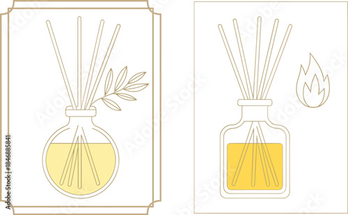 Minimal reed diffuser line art set glass aroma bottles natural fragrance home scent decor outline vector illustration