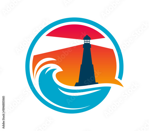 Lighthouse building and beacon light graphic icon. Yachting club vector sign or emblem, sea sailing lantern searchlight icon. Marine travel round symbol with lighthouse beam, storm wave and sunset sky