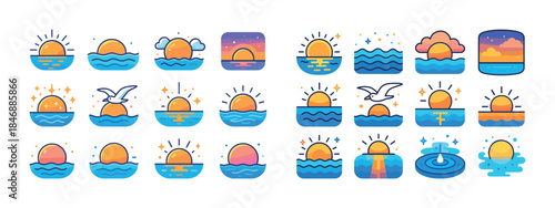 Colorful sunset icons with sun, sea, and clouds in flat style