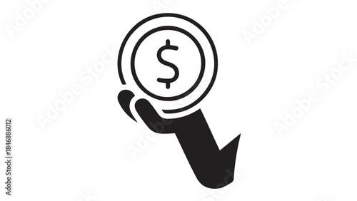 Black silhouette vector icon of a hand holding a large dollar coin, symbolizing cash payment, financial investment offering, or charitable donation