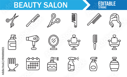 Hairdresser tools and salon equipment icons in modern linear design