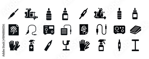 Tattoo equipment icons set featuring machines, gloves, bottles,