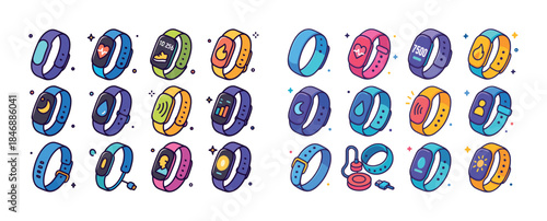 Colorful fitness trackers with heart rate, steps, sleep, and not