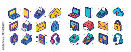 Colorful isometric technology icons set: devices, security, clou