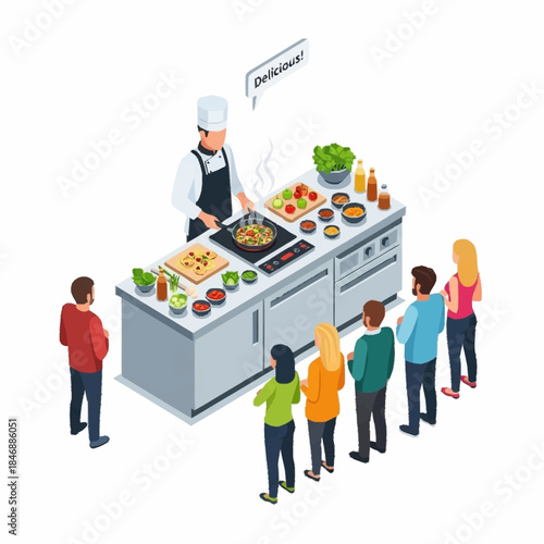 Chef demonstrates cooking to an engaged audience at a culinary class.