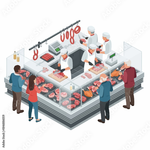 Butcher shop interior with customers and staff serving meat.