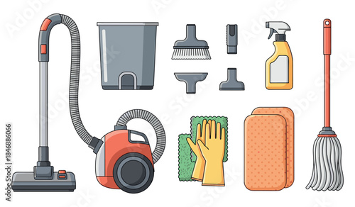 House cleaning tools: vacuum cleaner, mop, sponges, spray bottle, and brushes