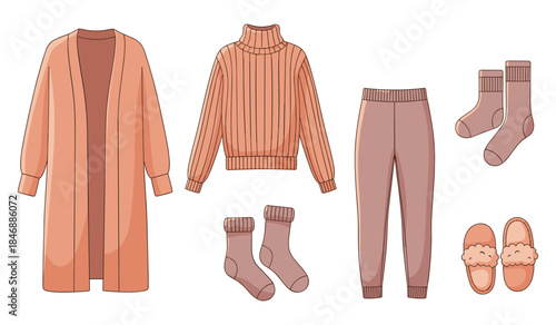 Cozy autumn clothing set with cardigan, sweater, pants, and accessories
