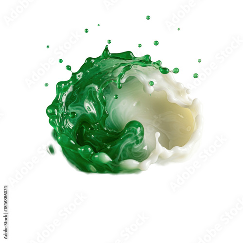 hyperrealistic macro shot of emerald green liquid colliding aggressively with thick white cream, creating detailed marbling swirls against a bright white studio background. concept for luxury