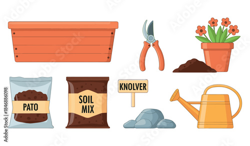 Gardening tools and supplies illustration: pot, planter, shears, soil, watering can