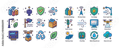 Smart city technology icons: sustainability and connectivity con
