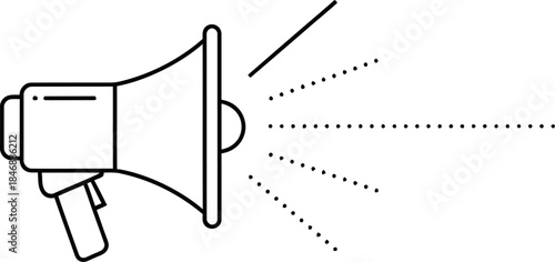 Minimalist black and white outline icon of a megaphone broadcasting sound waves for announcements