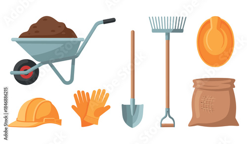 Gardening tools collection with wheelbarrow, rake, and shovel