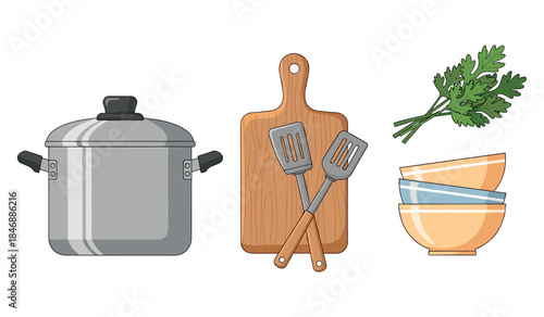 Kitchen essentials: cooking pot, cutting board, utensils, herb, and bowls