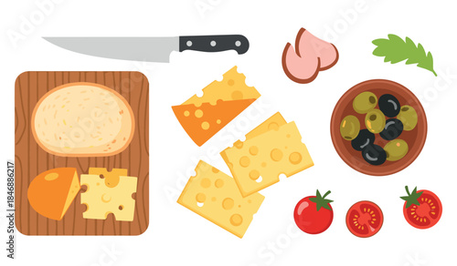 Cheese and bread with olives and tomatoes on cutting board