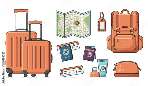 Travel essentials: suitcases, map, passport, boarding pass, backpack, toiletries