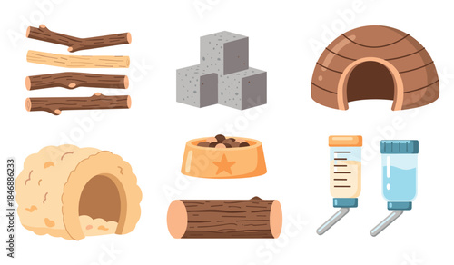 Hamster accessories: bedding, shelters, chew toys, and feeding bottles for small pets