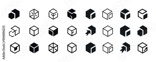 Collection of stylish 3d cube icons in minimalist black and whit