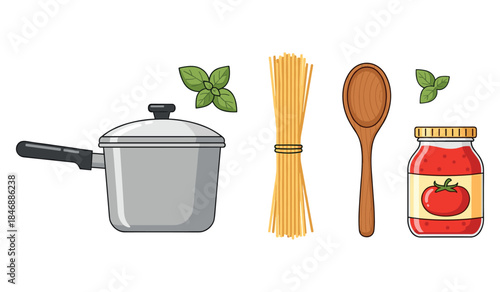 Cooking ingredients: pasta, sauce, pot, and spoon with basil illustration
