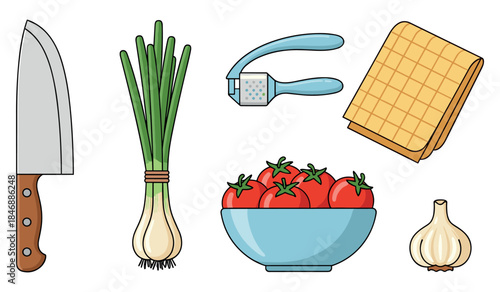 Kitchen essentials: knife, green onions, garlic, tomatoes, garlic press, towel