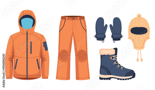 Winter gear set: orange jacket, pants, boots, mittens, balaclava