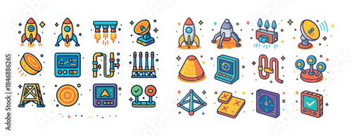 Colorful space exploration icons featuring rockets satellites an