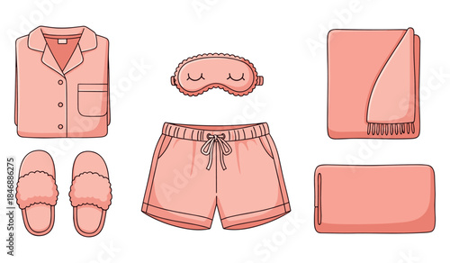 Cozy pink sleepwear set with pajamas, eye mask, slippers, blanket, and pillow