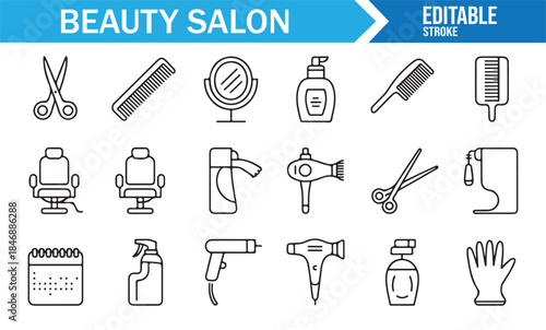 Outline style hair styling and grooming icons for spa branding