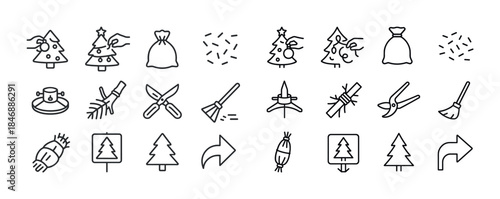 Outline icons of christmas trees and gardening tools collection