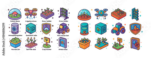 Cute farm and space icons for agriculture and science concepts