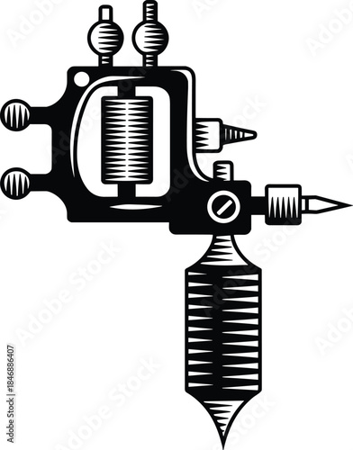 Vintage tattoo machine illustration black and white hand drawn sketch style classic tattoo gun equipment design isolated