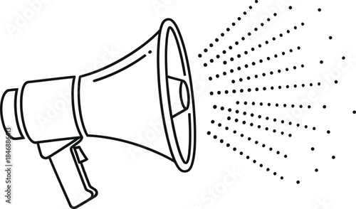 A line art illustration of a megaphone broadcasting sound waves on a white background