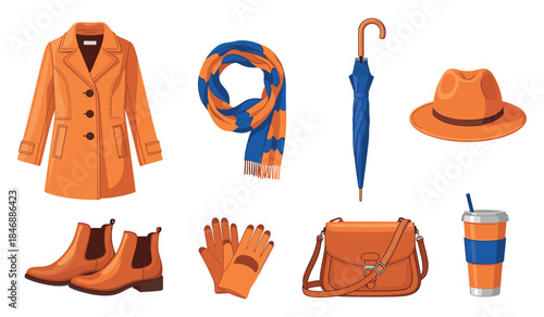 Autumn fashion accessories collection: coat, scarf, umbrella, hat, boots, gloves, bag, cup